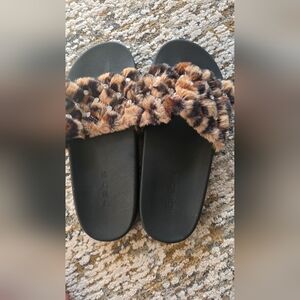 bebe Leopard Faux Fur Slide Sandals with Crystal Accents - Black Footbed